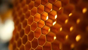 Close-up of honeycomb structure with golden light filtering through hexagonal cells, shallow depth of field, photorealistic macro photography of bee hive architecture