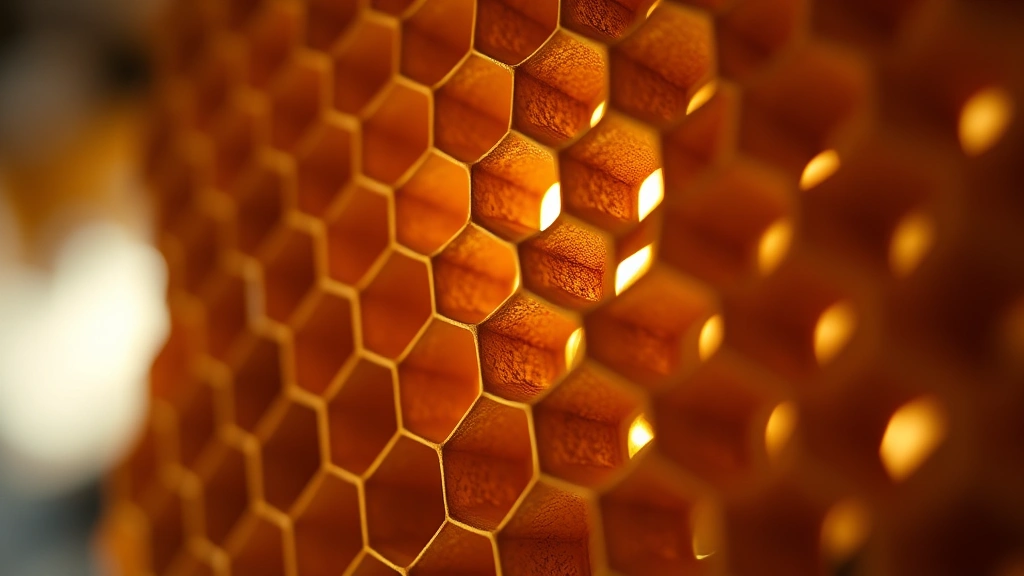 Close-up of honeycomb structure with golden light filtering through hexagonal cells, shallow depth of field, photorealistic macro photography of bee hive architecture