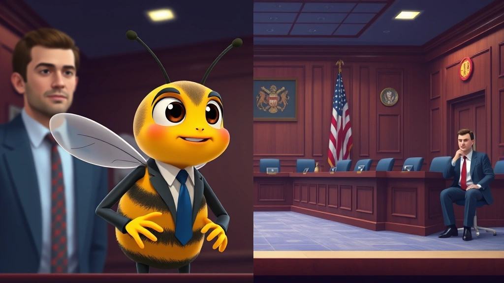 Split-screen digital illustration showing animated bee character in formal business setting alongside human courtroom environment, contrasting scales and perspectives, vibrant animation style