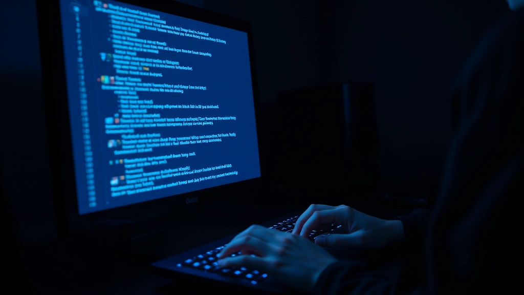 Glowing computer monitor displaying scrolling text in dark room, soft blue light illuminating hands typing, representing internet culture and viral content creation, photorealistic digital workspace