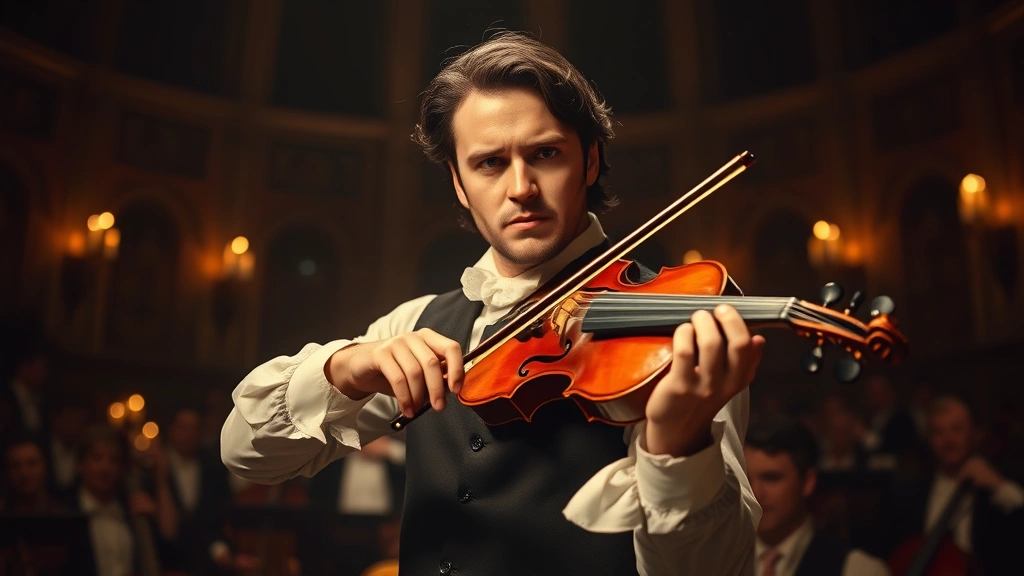 Professional musician in dimly lit Vienna concert hall from 1800s, wearing period clothing, holding violin with intense emotional expression, candlelight creating dramatic shadows on face, no visible text or instruments in background, photorealistic historical atmosphere