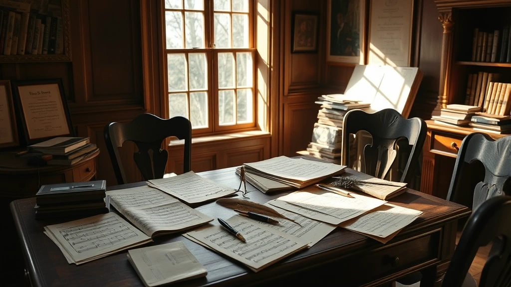 Composer's desk with scattered sheet music, quill pen, and ink in early nineteenth century study, natural window light streaming across wooden furniture, papers showing musical notation visible but not legible, period-appropriate room setting, no modern elements