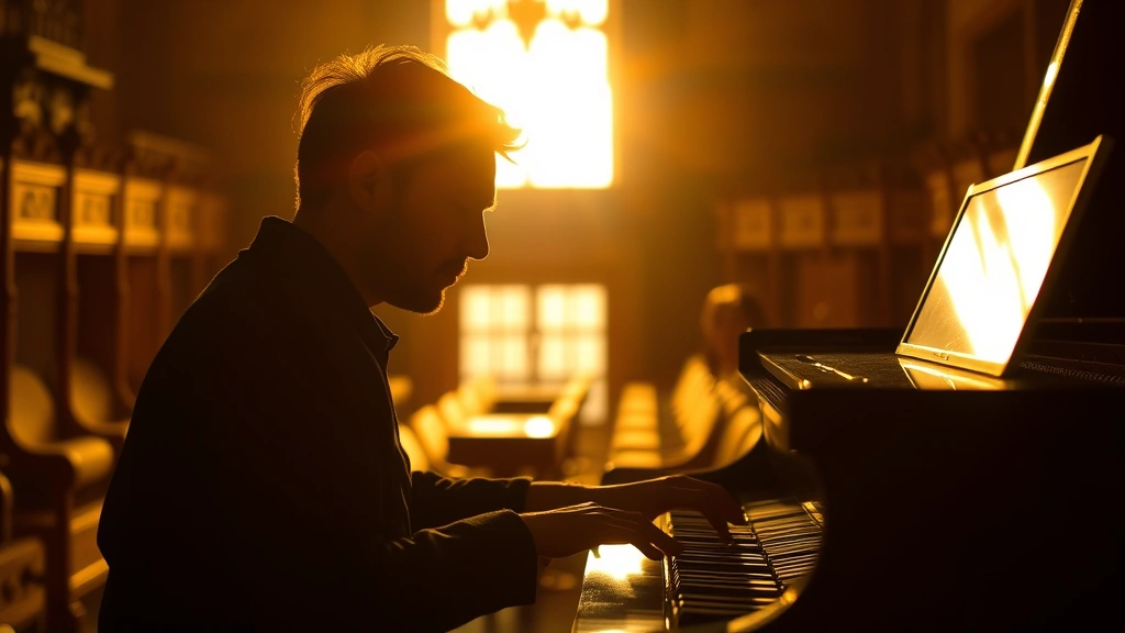 Silhouette of person at piano keyboard during golden hour light, hands positioned on keys, focused contemplative expression, concert hall or music room setting with ornate period architecture visible but not prominent, warm atmospheric lighting