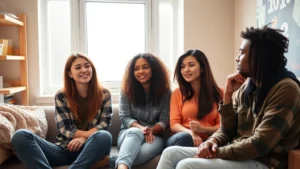 Four diverse college-aged people sitting together in a modern dorm room, having serious conversation, natural lighting through window, thoughtful expressions, contemporary casual clothing, realistic photographic style