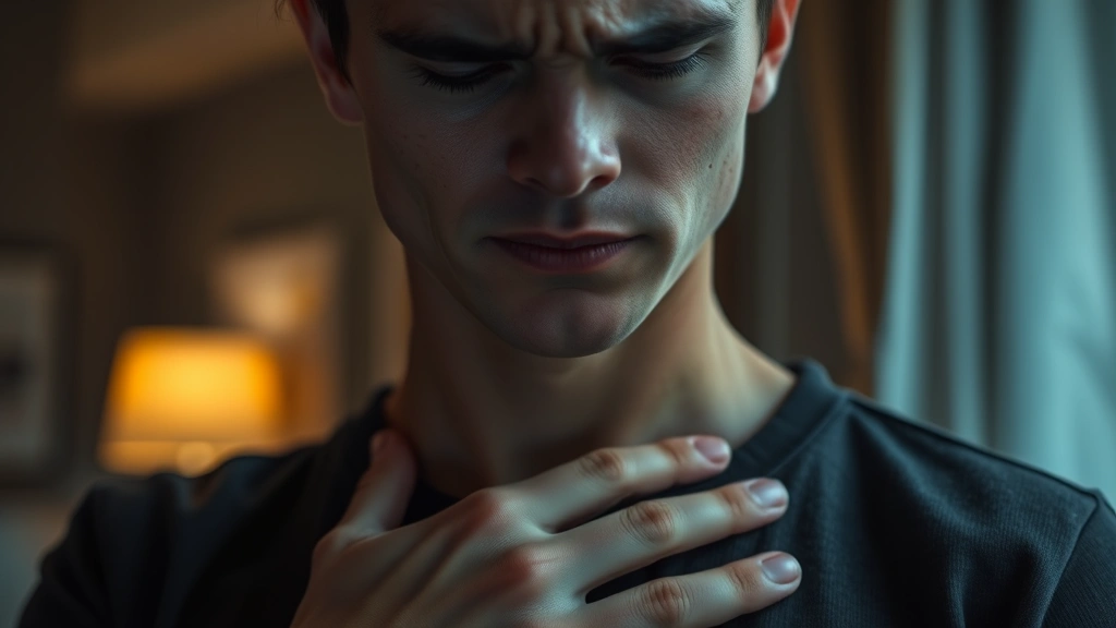 Close-up of person with conflicted expression, hand on chest, indoor setting with warm ambient lighting, genuine emotional vulnerability captured, photorealistic portraiture style