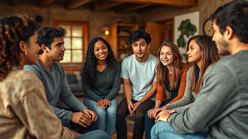 Group of young adults in a circle appearing to have meaningful discussion, diverse representation, natural interior setting with warm tones, authentic candid moment, documentary-style photography