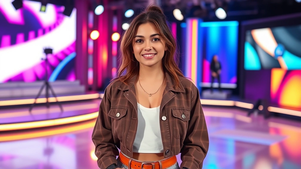 Young female performer on brightly lit television studio set with dance floor background, wearing contemporary fashion, professional lighting setup, vibrant digital environment