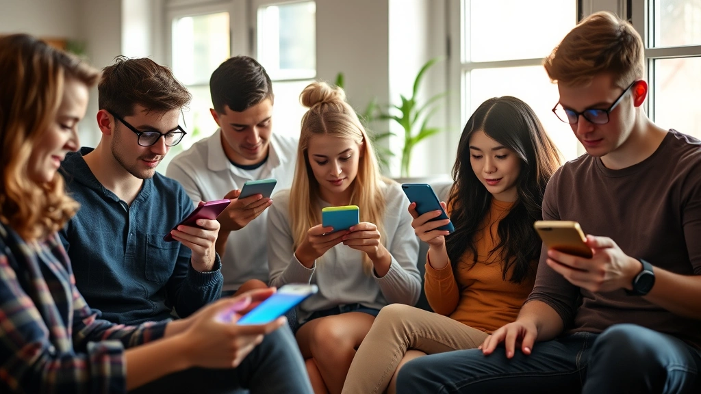 Diverse group of young people watching content on multiple digital devices simultaneously, various screens glowing, casual comfortable setting, natural daylight streaming through windows