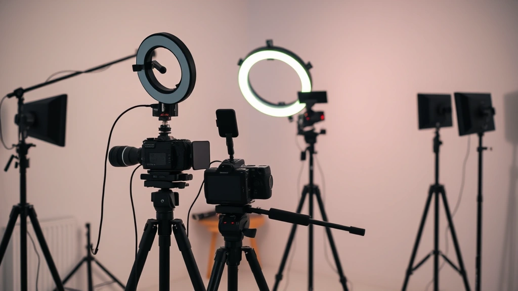 Digital content creator in modern minimalist studio space with professional ring light, camera equipment, and streaming setup, focused concentrated expression, contemporary creative workspace