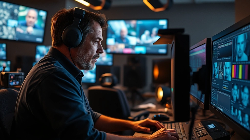 Film director intensely monitoring monitors during post-production editing session, surrounded by color-grading screens and technical equipment in modern digital cinema facility, focused concentration