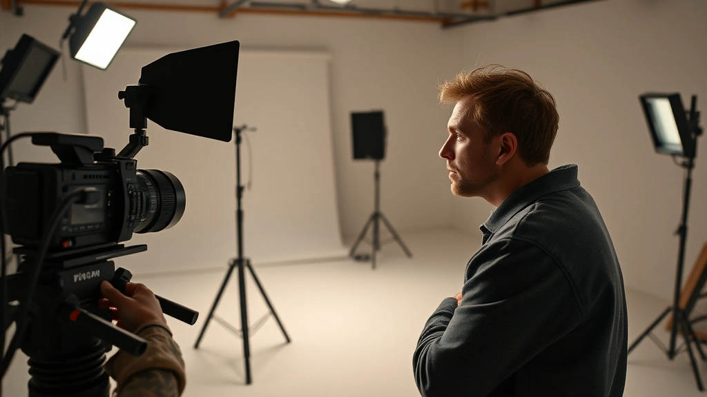Actor performing intense emotional scene on minimalist film set with professional lighting rigs and handheld camera operator capturing raw authentic moment, naturalistic production environment