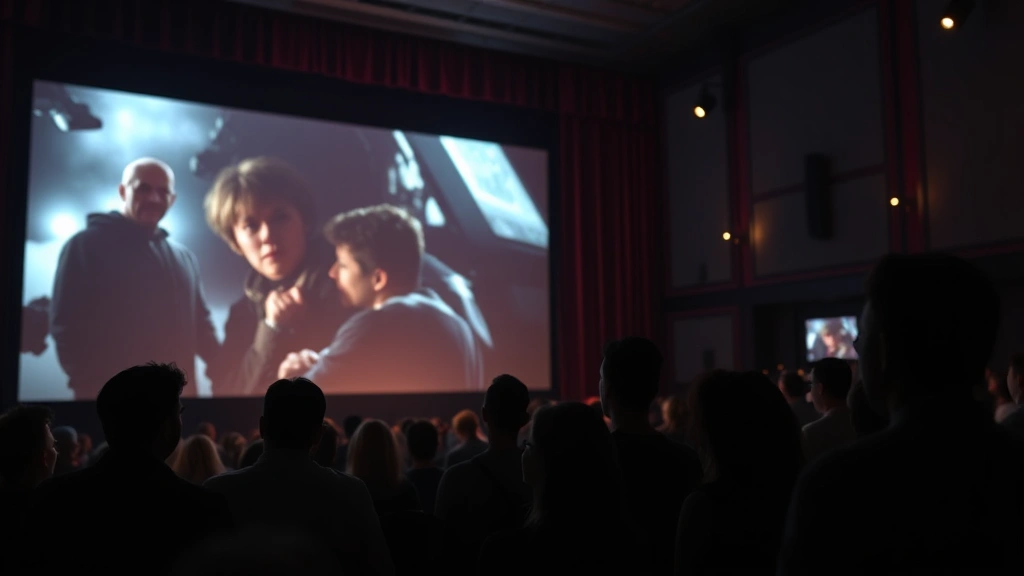 Film festival premiere theater audience watching projection screen during dramatic cinema moment, viewers visibly engaged and emotionally invested, theater lighting and audience silhouettes