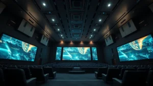 Cinematic wide-angle shot of a modern digital theater interior with glowing screens and sophisticated lighting, no people visible, photorealistic professional cinematography