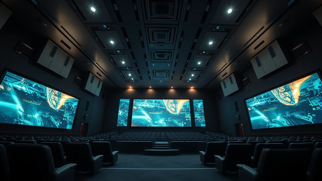 Cinematic wide-angle shot of a modern digital theater interior with glowing screens and sophisticated lighting, no people visible, photorealistic professional cinematography