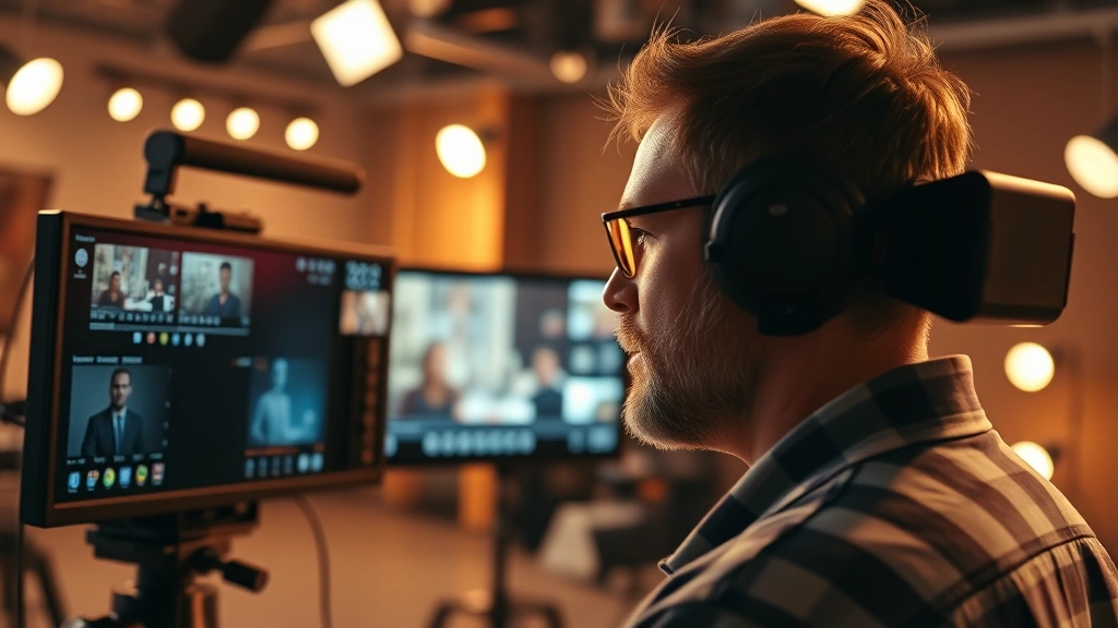 Close-up of a film director reviewing footage on a high-end digital monitor in a contemporary production studio, warm lighting, professional equipment visible, photorealistic detail