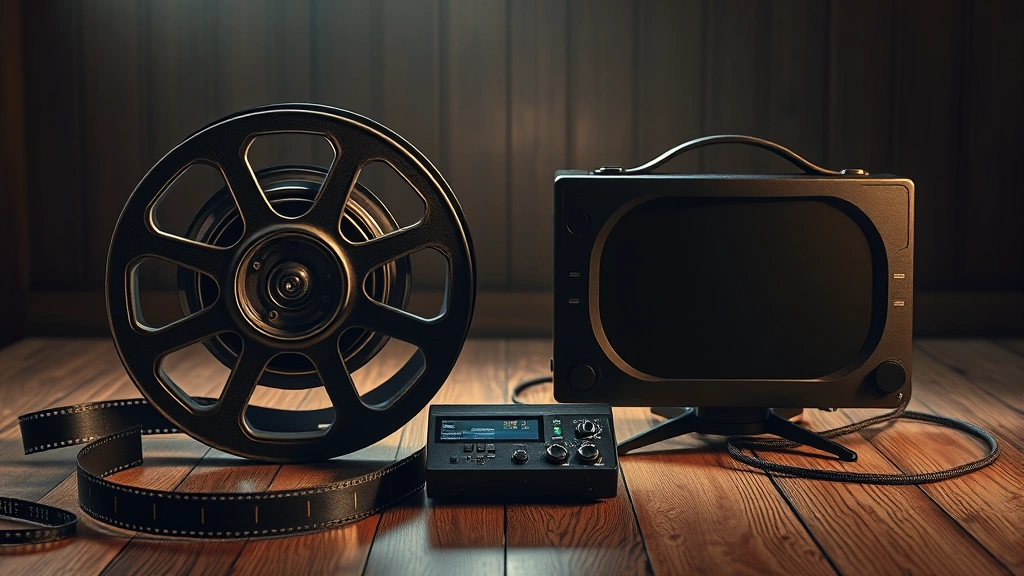 Artistic composition of vintage film reels and modern streaming device side-by-side on wooden surface with dramatic lighting, symbolizing media evolution, photorealistic