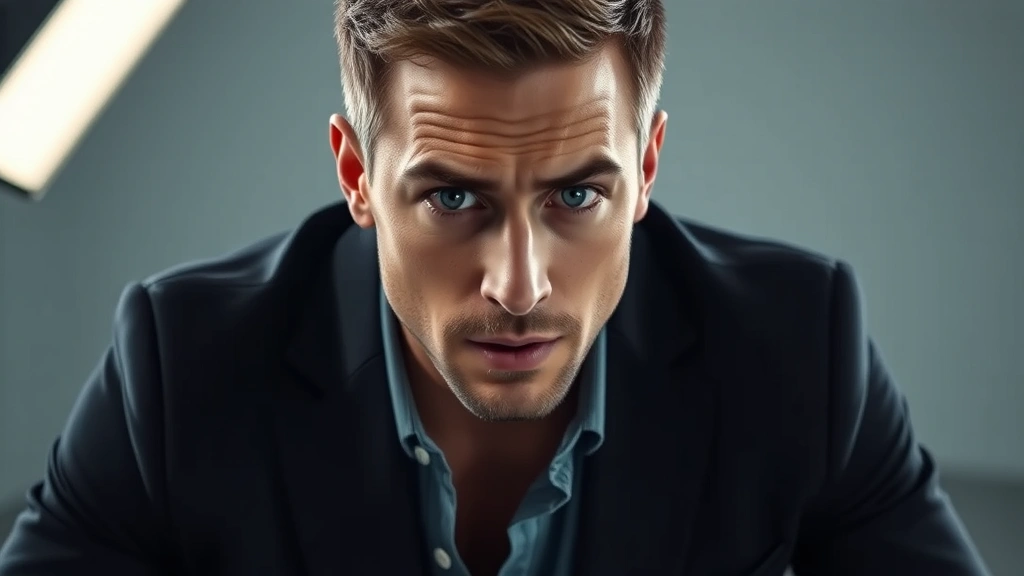 Professional male actor in dramatic scene, intense facial expression, studio lighting, serious emotion, contemporary setting, photorealistic portrait style