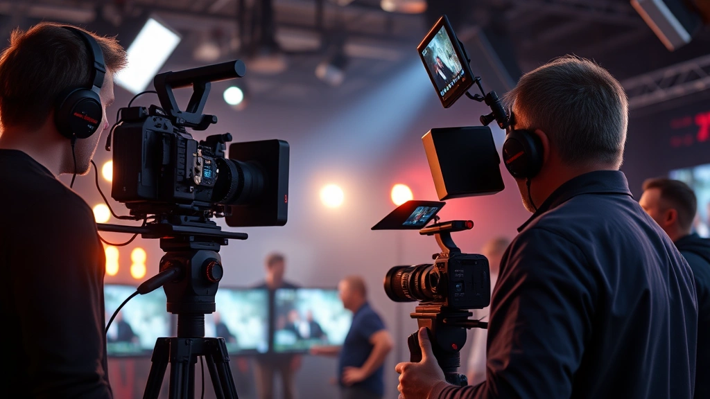 Film production on set with camera equipment, director monitoring monitors, professional crew working, cinematic environment, behind-the-scenes documentary aesthetic