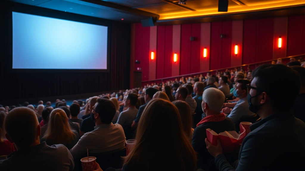 Movie theater audience watching screen in darkness, diverse viewers engaged, warm ambient lighting, popcorn and drinks visible, authentic cinema experience