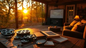Cinematic autumn atmosphere with warm golden lighting filtering through trees, film reels and notebooks scattered on wooden surface, cozy home theater setup with warm ambient lighting and comfortable seating, suggesting fall viewing season preparation
