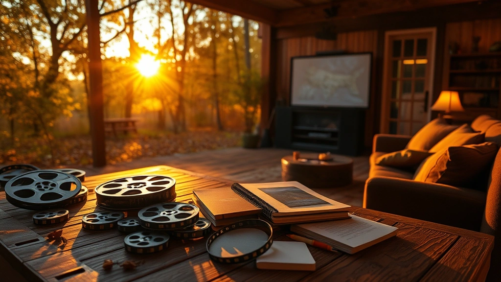 Cinematic autumn atmosphere with warm golden lighting filtering through trees, film reels and notebooks scattered on wooden surface, cozy home theater setup with warm ambient lighting and comfortable seating, suggesting fall viewing season preparation