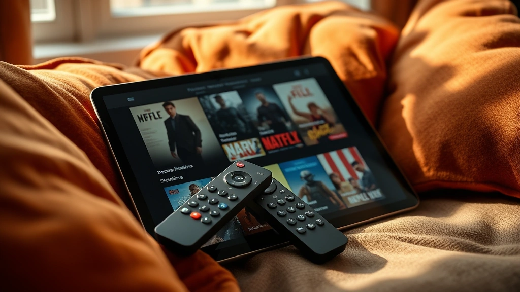 Modern streaming device remote control resting on a tablet screen showing movie recommendations, warm fall-colored cushions visible nearby, natural window light creating dramatic shadows, representing fall's shift to prestige streaming content consumption