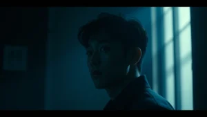 Cinematic still from a Korean film showing moody atmospheric lighting with a contemplative actor in dramatic shadow and blue-toned cinematography, no visible text or interface elements
