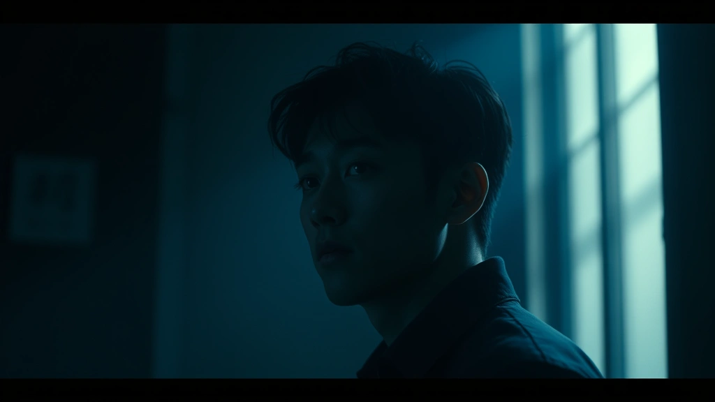 Cinematic still from a Korean film showing moody atmospheric lighting with a contemplative actor in dramatic shadow and blue-toned cinematography, no visible text or interface elements