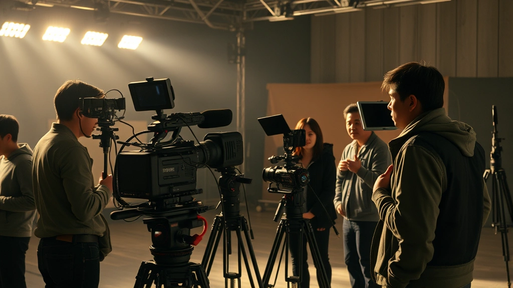Korean film production set with sophisticated camera equipment and professional crew members working on a dramatic scene, natural studio lighting reflecting technical filmmaking excellence