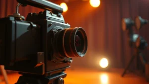 Close-up of vintage film camera on movie set with warm amber lighting, shallow depth of field showing mechanical details, cinematic atmosphere with soft shadows