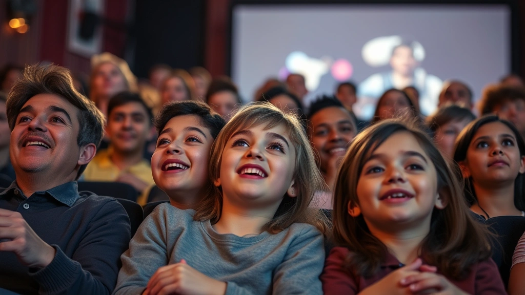 Split-screen composition showing diverse audiences of different ages watching films with expressions of emotion and engagement, warm theater lighting, candid reactions
