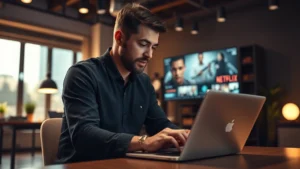 Professional filmmaker reviewing Netflix content on laptop in modern streaming studio environment, focused expression analyzing digital media, warm lighting highlighting contemporary workspace design