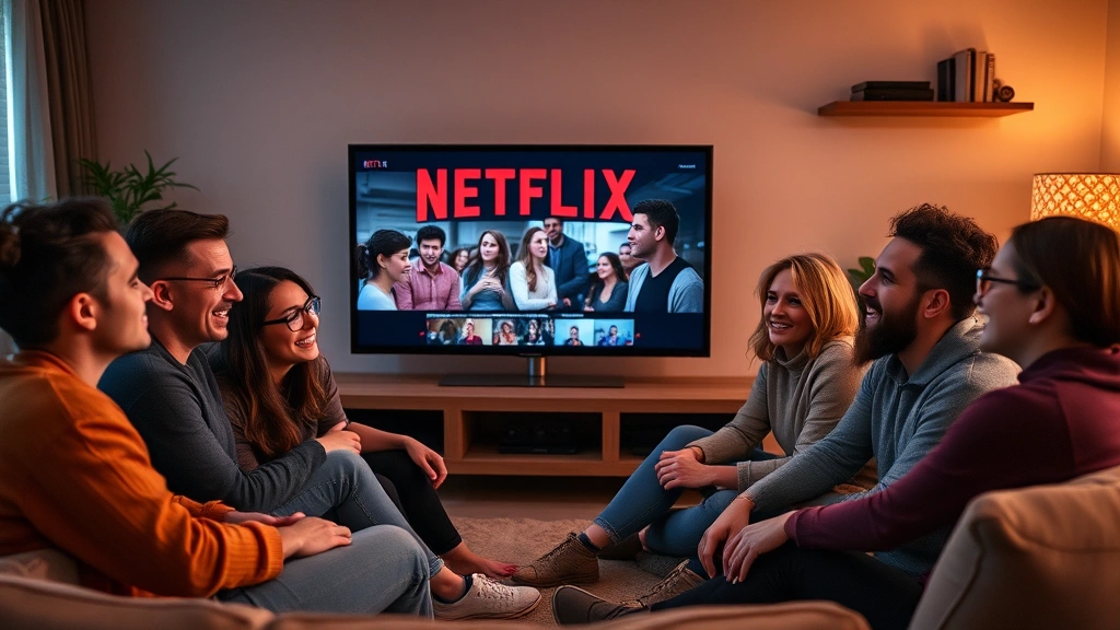 Diverse group of friends gathered around modern television watching Netflix film together, engaged expressions showing emotional reactions to content, cozy living room setting with ambient lighting