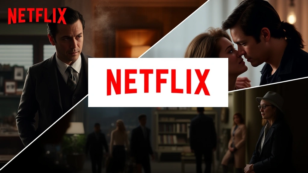 Split-screen showing various Netflix movie genres—dramatic scene, action sequence, romantic moment, international film—representing content diversity available on platform