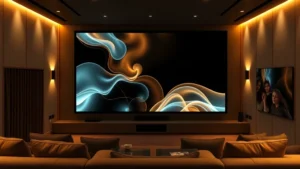 Wide shot of modern minimalist home theater setup with large screen displaying abstract film imagery, warm ambient lighting, comfortable seating arrangement, no text or interface elements visible