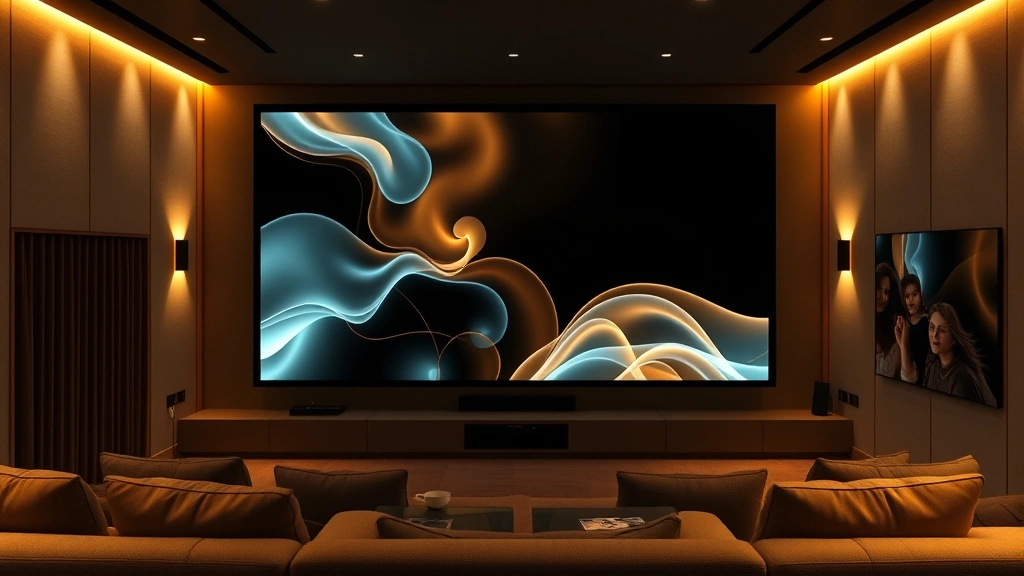 Wide shot of modern minimalist home theater setup with large screen displaying abstract film imagery, warm ambient lighting, comfortable seating arrangement, no text or interface elements visible