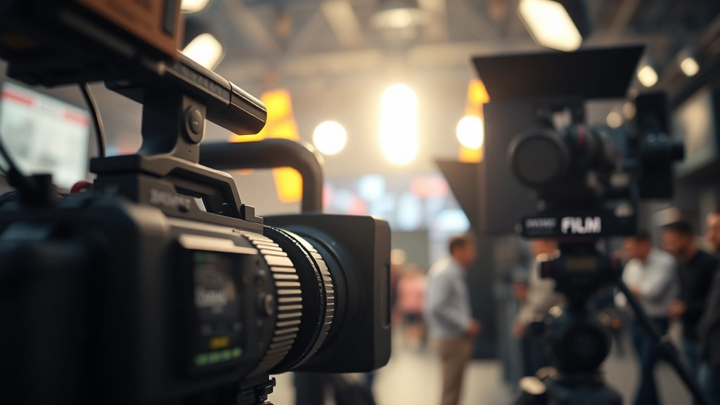 Cinematic close-up of film camera equipment and professional lighting rigs on movie set, shallow depth of field, bokeh background, focusing on technical craftsmanship and production quality