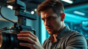 Professional cinematographer reviewing film footage on underwater camera equipment, dramatic lighting on face, modern studio setting, focused expression analyzing footage