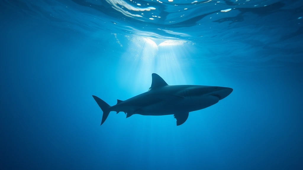 Underwater scene showing shark silhouette in deep blue ocean water, natural sunlight filtering from above, photorealistic marine environment, dramatic depth perspective