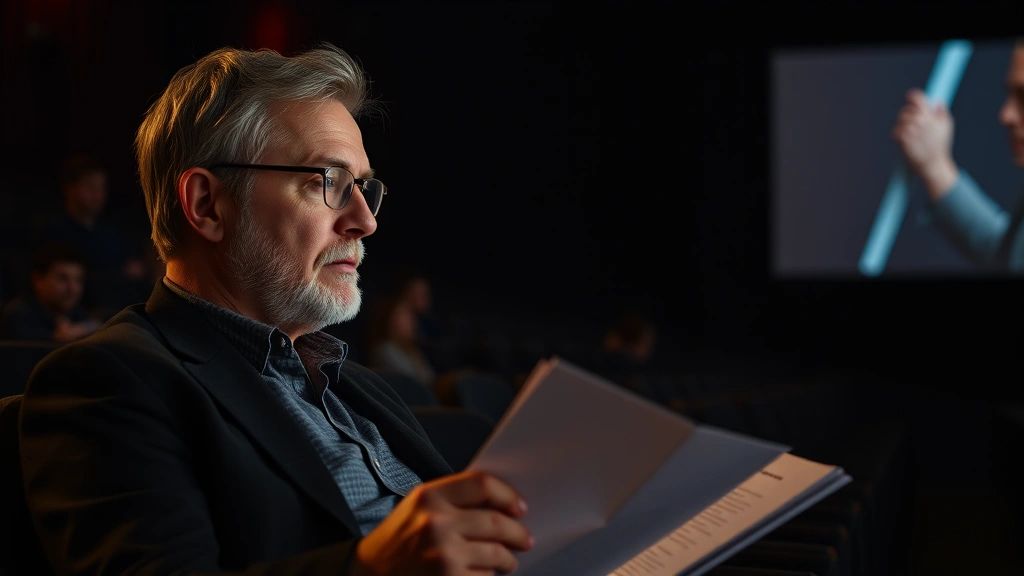 Film critic taking notes while watching movie in dark theater, soft screen glow illuminating thoughtful expression, professional setting, note-taking gesture