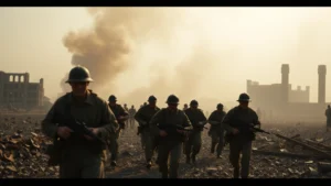 Cinematic still of soldiers in period military uniforms navigating devastated landscape with ruins and smoke in background, dramatic lighting, photorealistic, no text or captions visible