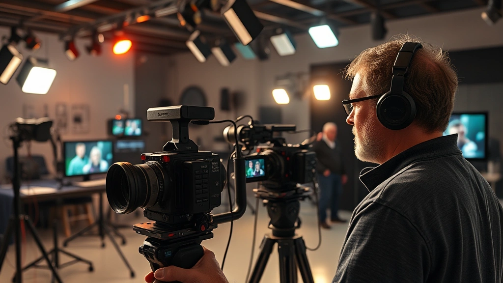Film director reviewing footage on advanced cinema camera equipment during production, professional studio setting with lighting rigs and monitors, cinematic composition, photorealistic, no visible text