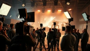 Wide-angle shot of film production crew with professional cinema cameras and lighting rigs on a dramatic war film set, cinematic atmosphere, no visible text or screens, photorealistic