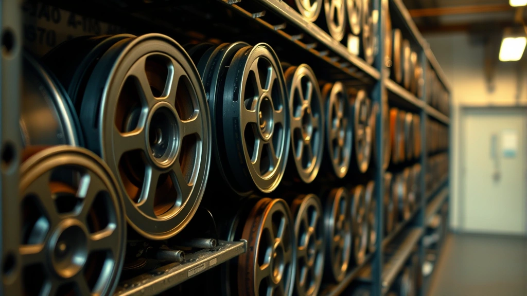 Close-up of vintage film reels stacked on metal shelves in a film archive or restoration facility, warm lighting highlighting texture and detail, no visible labels or text