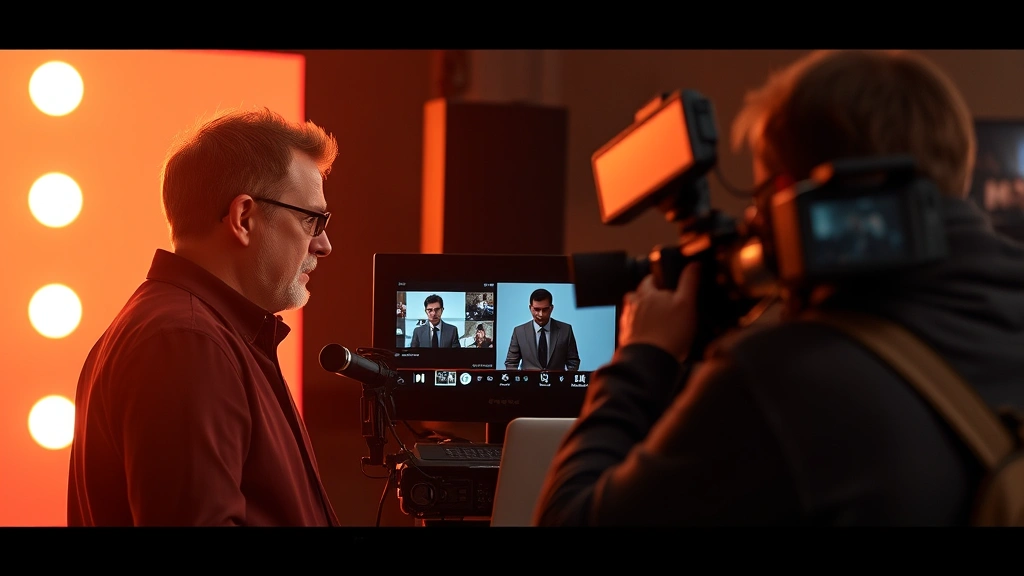 Split-screen composition showing film director reviewing footage on professional monitor while cinematographer adjusts camera equipment, collaborative creative moment, no visible screen content or interface elements