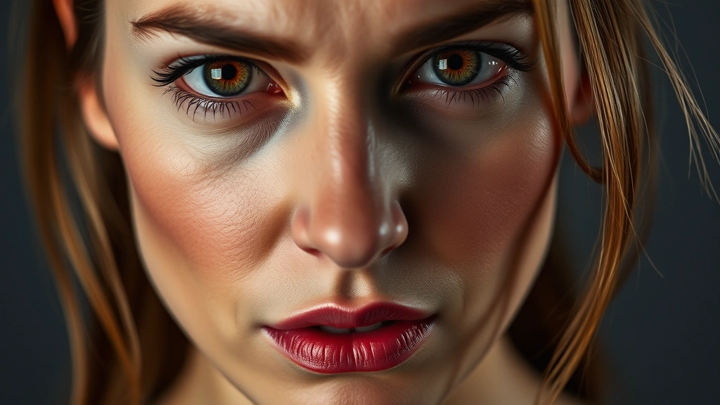 Close-up of a woman's face showing intense, focused expression with dramatic lighting emphasizing eyes and subtle facial tension, professional actor headshot style, neutral background, photorealistic