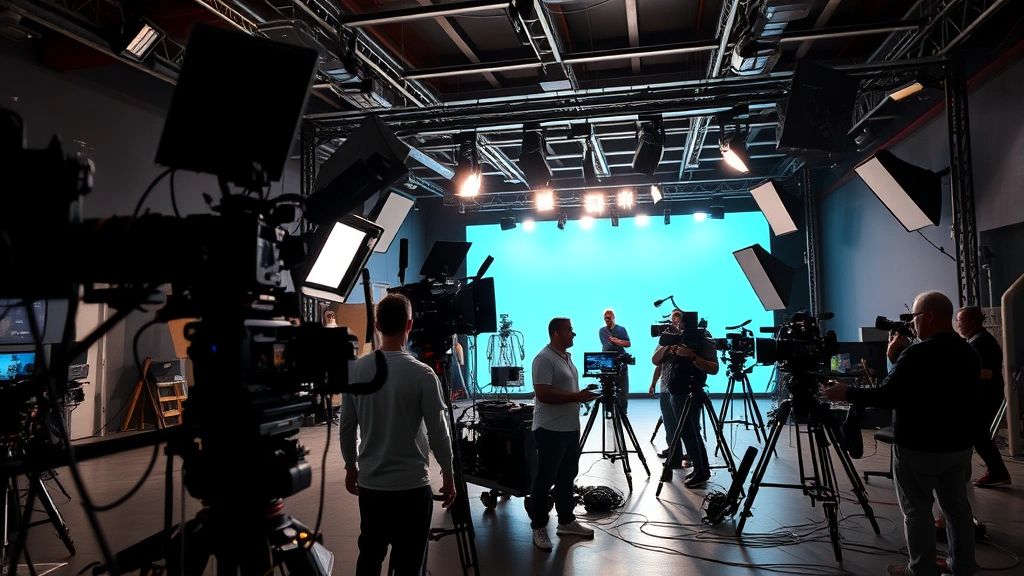 Wide shot of a film set with professional camera equipment, lighting rigs, and crew members working on a production, showing the technical aspects of contemporary filmmaking, daylight studio setting