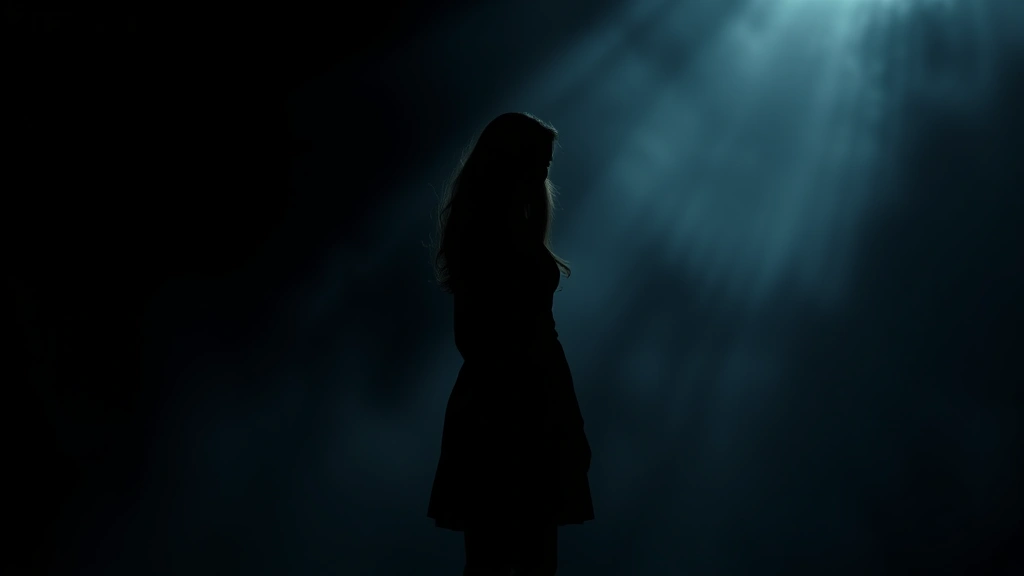 Silhouette of a female figure standing alone against a moody, atmospheric background with shadows and dramatic lighting, suggesting psychological depth and contemplative mood, cinematic composition