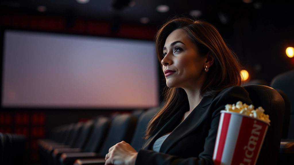 Professional woman in modern cinema theater viewing screen with dramatic lighting, contemplative expression, popcorn on armrest, cinematic atmosphere