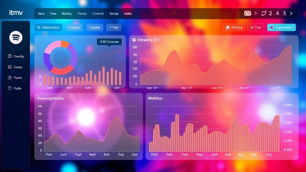 Digital media analytics dashboard showing streaming metrics and viewership graphs with vibrant colors, abstract data visualization, no text visible